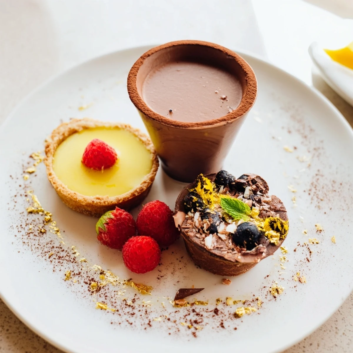 Assiette de Desserts Starry Delight: a lovely dessert plate with chocolate mousse, lemon tarts, and financier delights.