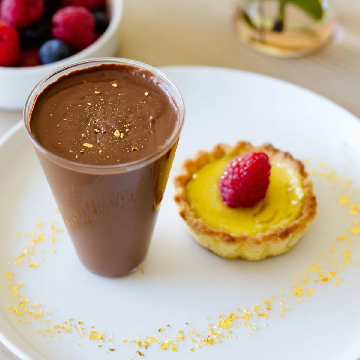 Elegant Assiette de Desserts Starry Delight ready to serve, featuring a lemon tartlet and raspberry financier.