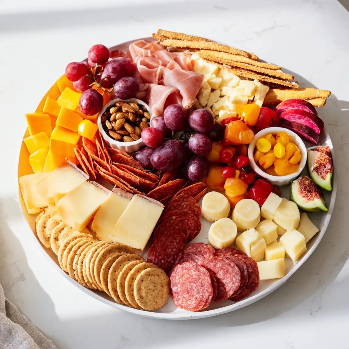 A beautiful Chevalier Heureux Snack Board arranged for guests, showcasing a variety of delicious appetizers.