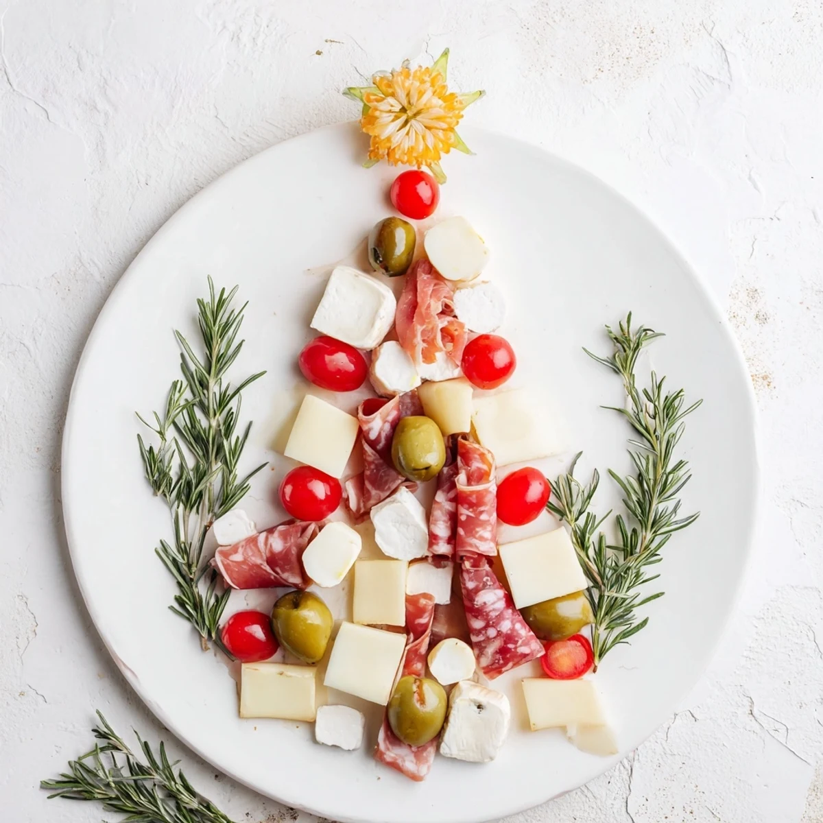 A close-up reveals a delicious Festive Holiday Tree Appetizer Platter with colorful, savory elements for easy holiday enjoyment.