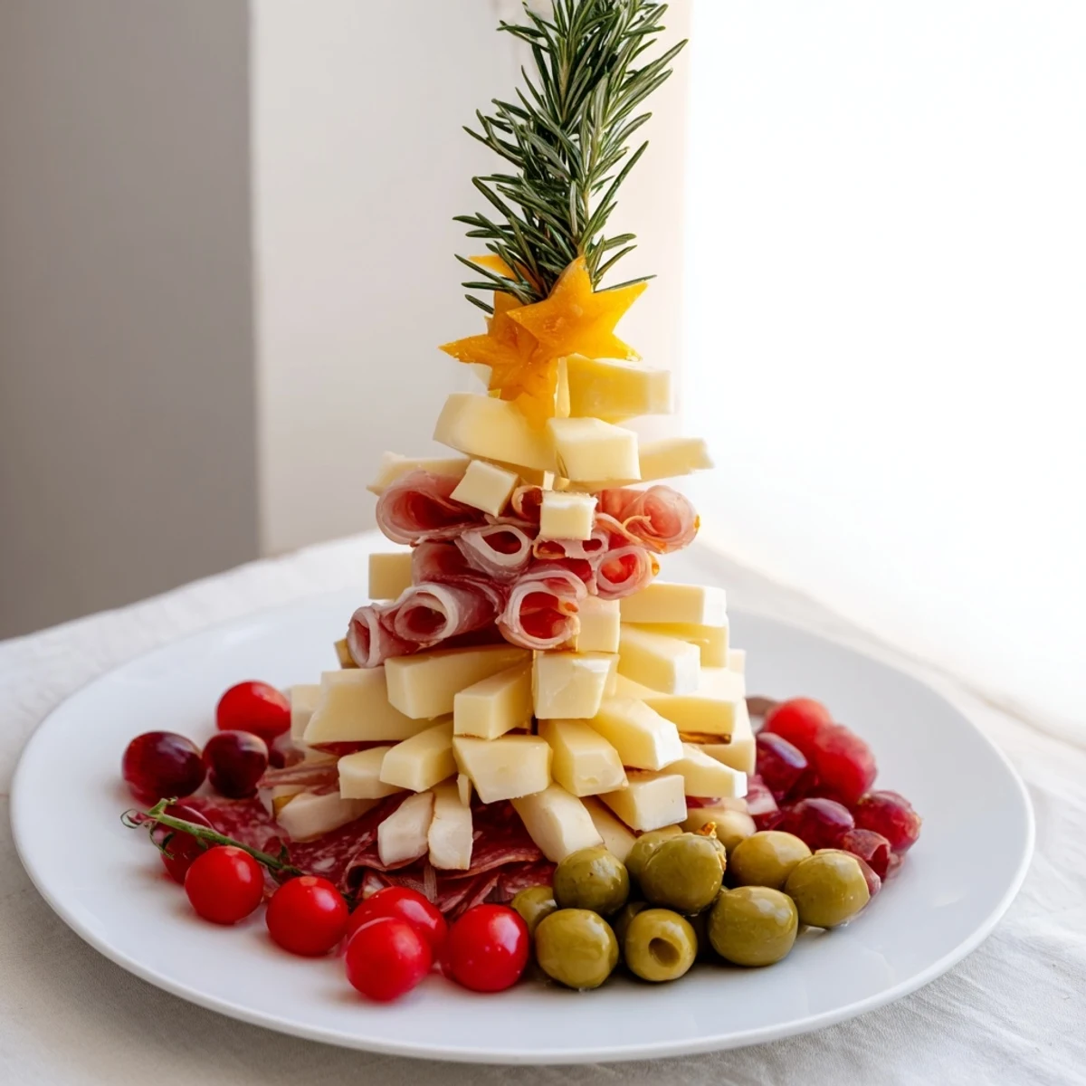 This festive Festive Holiday Tree Appetizer Platter features a tempting variety of cheese, fruit, and charcuterie perfect for sharing.