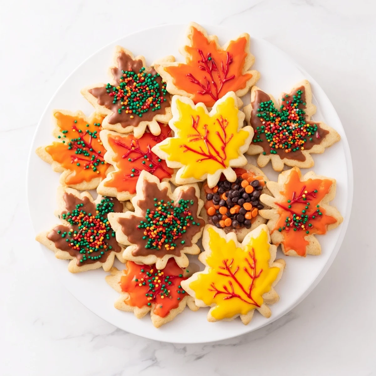 Maple leaf cookies arranged on a table, ready for decorating with colorful royal icing and sprinkles.