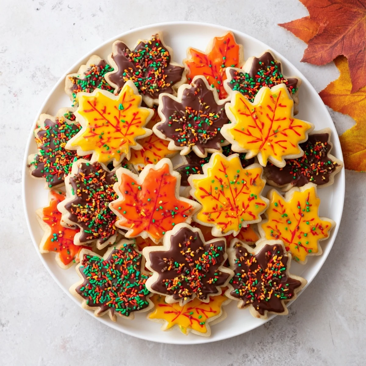 A close-up of a beautifully decorated maple leaf cookie with vibrant icing and edible glitter.