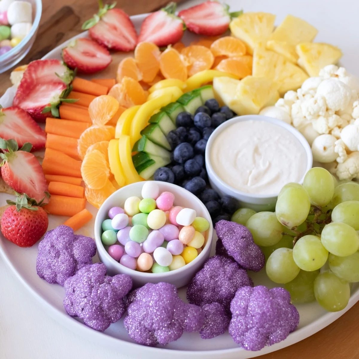 Vibrant Magical Unicorn Rainbow Snack Board displaying colorful fruits, veggies, and dips ready to eat.