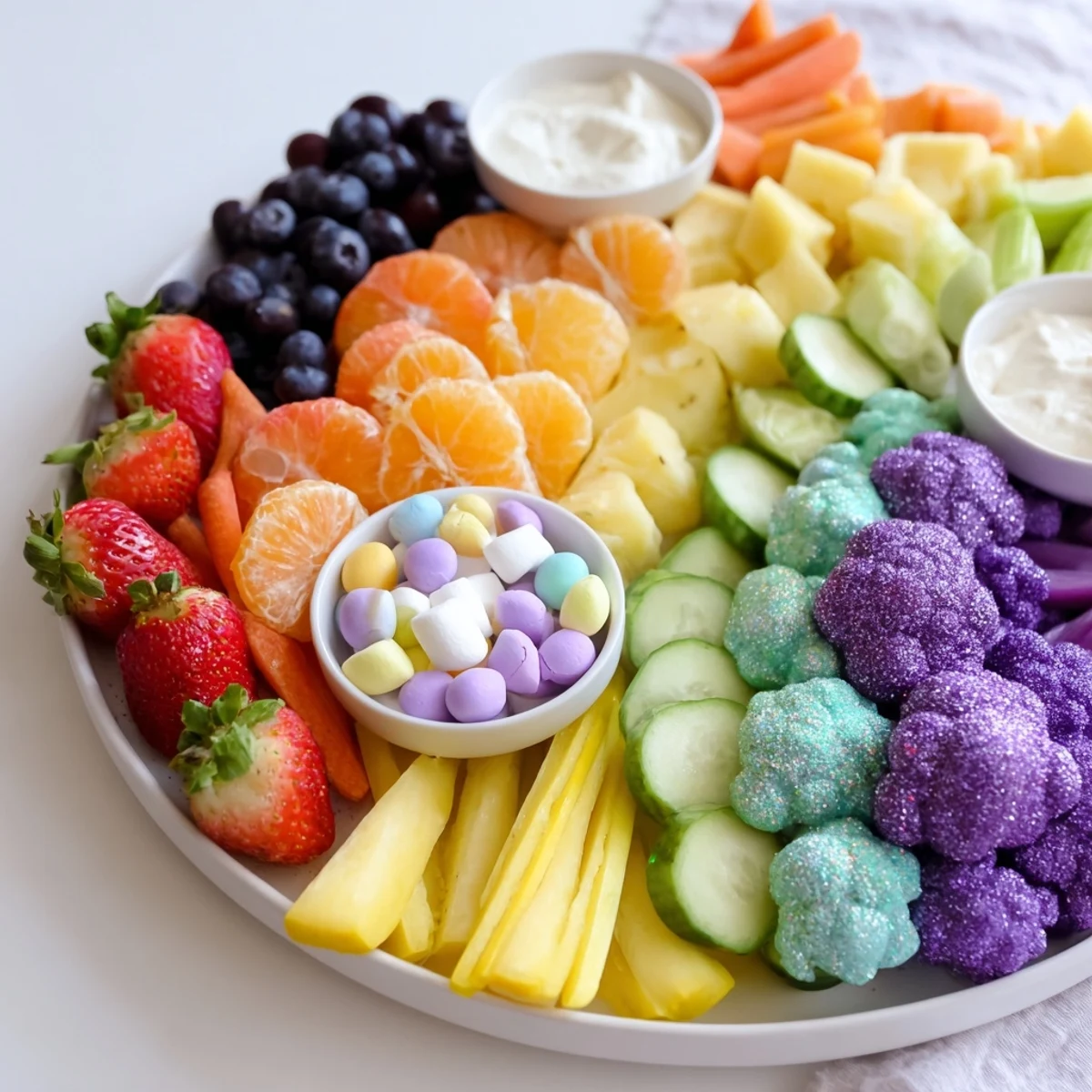 A delightful Magical Unicorn Rainbow Snack Board: a colorful, healthy snack platter for a fun gathering.
