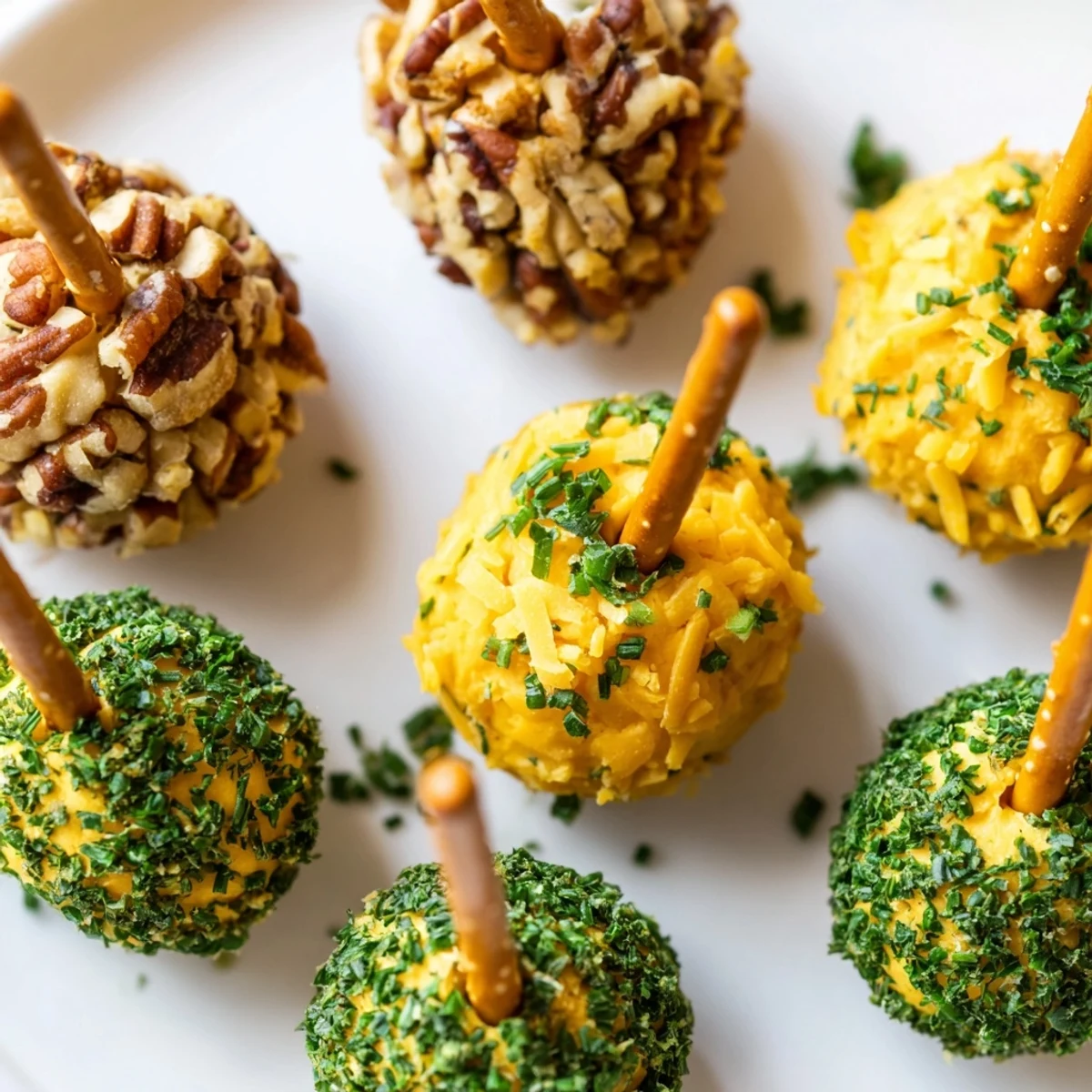 Savory acorn-shaped cheese ball bites, coated in pecans and herbs, ready for fall appetizers.