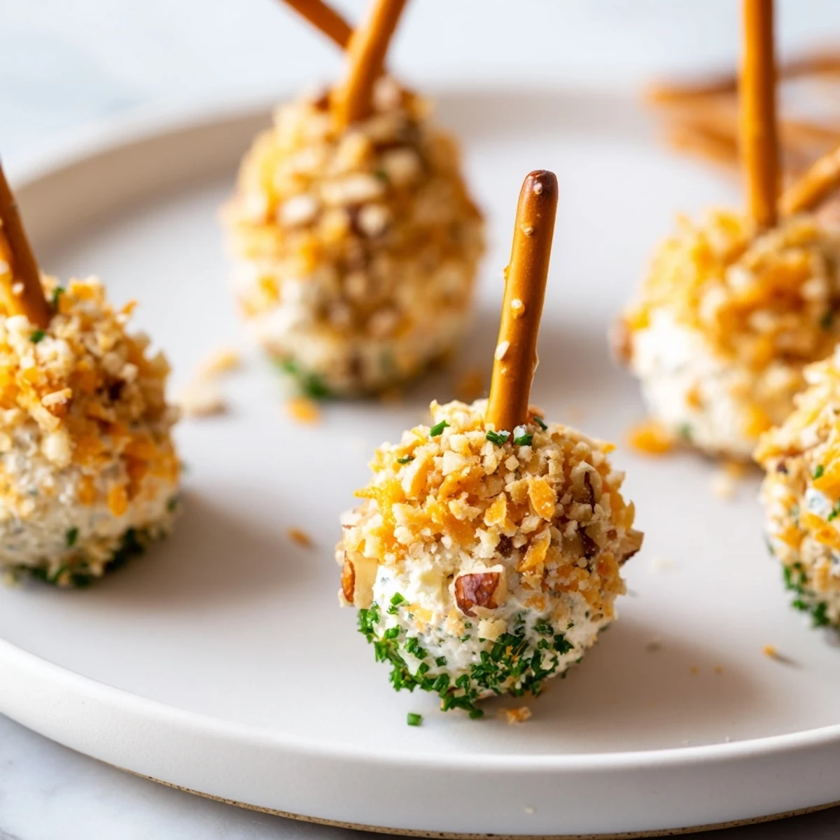 Close-up of creamy, flavorful acorn cheese ball bites arranged for serving with pretzel stems.