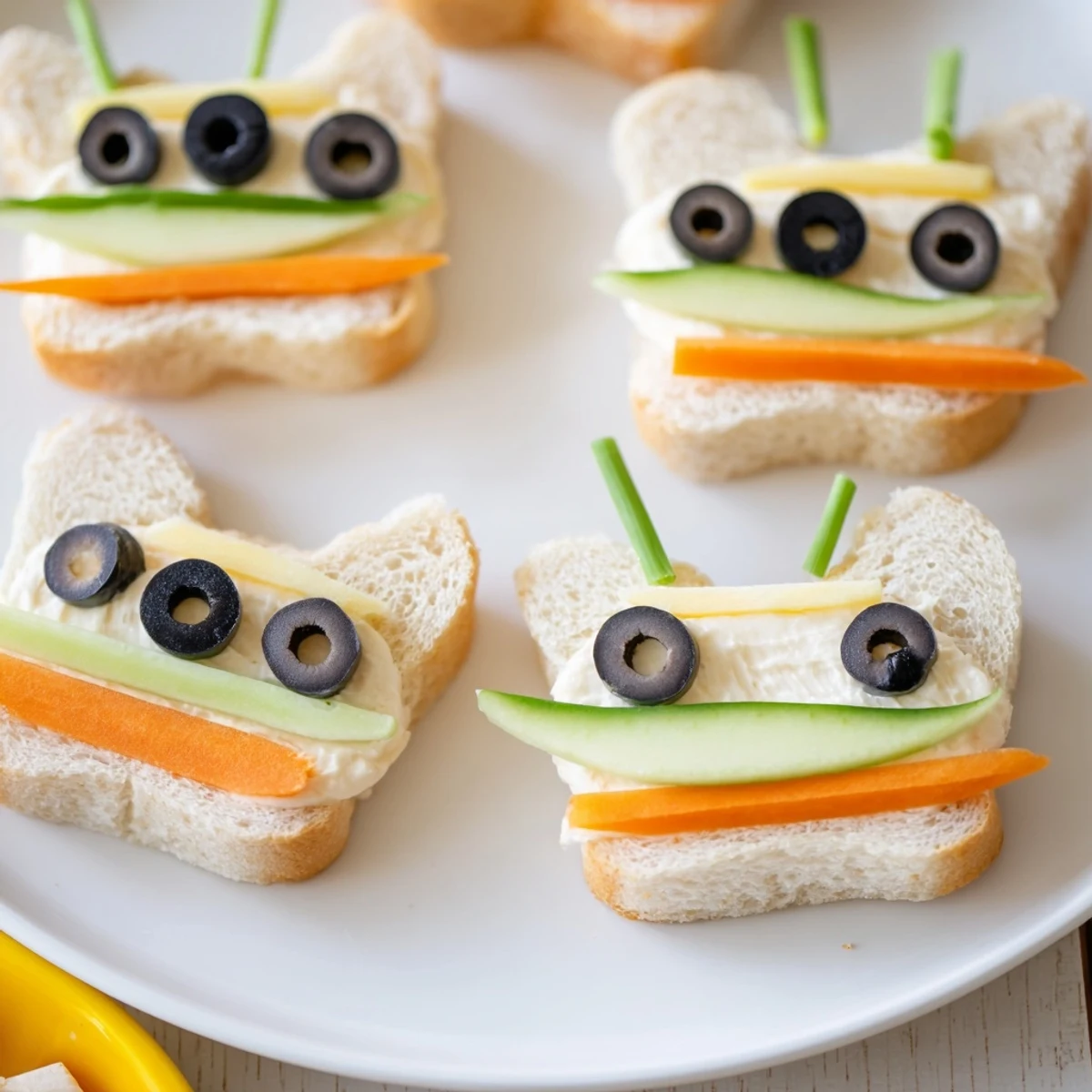 Bee sandwiches arranged on a vibrant board with fresh fruits and veggies for a cheerful party.