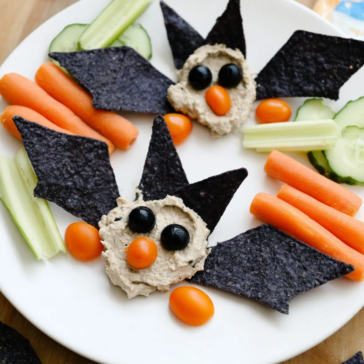 Creamy Spooky Bat Bean Dip platter, decorated with olives, making a fun, easy Halloween appetizer.