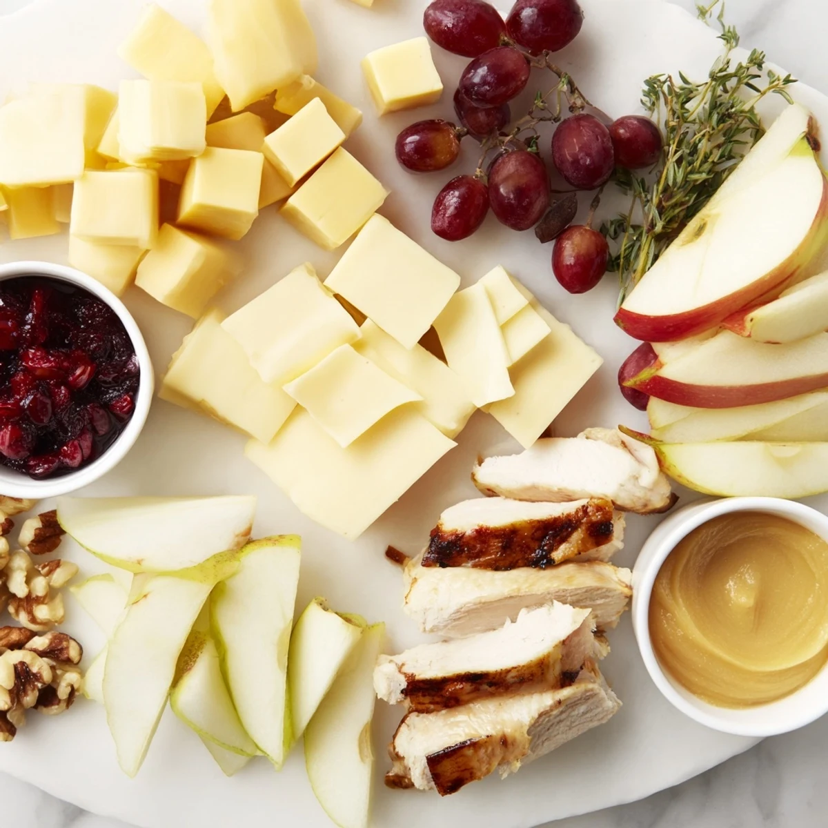 Beautifully arranged Turkey Cheese and Cracker Board appetizer, featuring glistening grapes and savory delights.