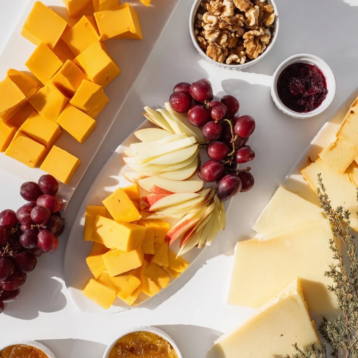 A close-up of a festive Turkey Cheese and Cracker Board, showcasing various cheeses and crackers for your guests.