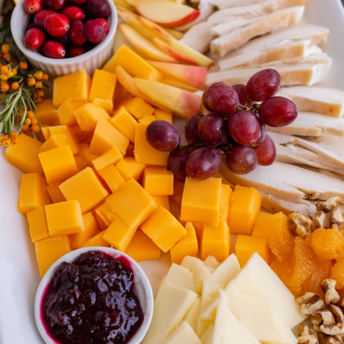 This Thanksgiving-ready Turkey Cheese and Cracker Board displays a colorful array of textures and flavors, perfect for sharing.