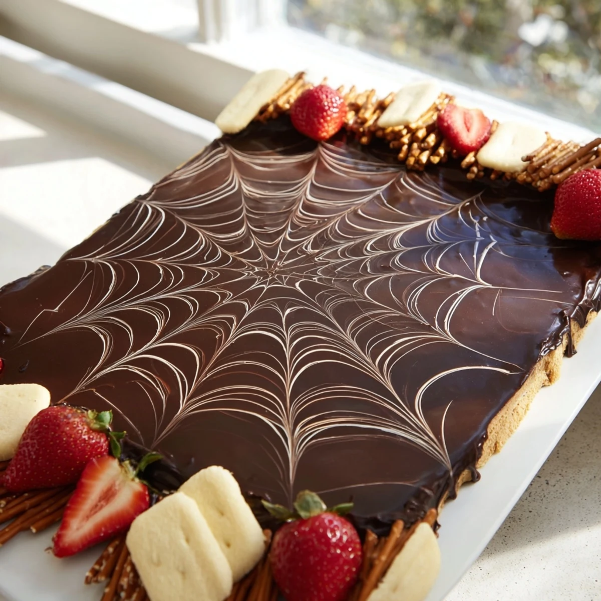 Imagine a dark, glossy Spiderweb Chocolate Ganache Board served with vibrant fruit and cookies for dipping.