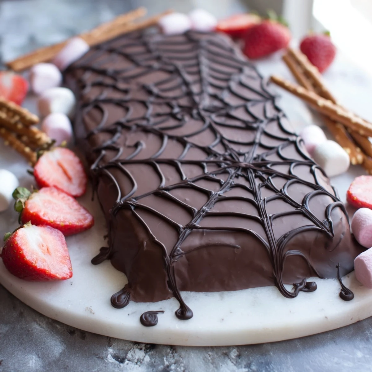 Delicious Spiderweb Chocolate Ganache Board with a delicate white chocolate web design and various dipper options.