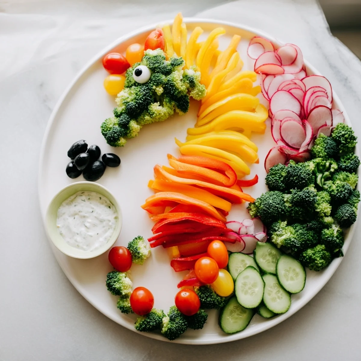 Vibrant Seahorse Veggie Dip Platter: a colorful, healthy appetizer with creamy, herb-infused dip for kids.