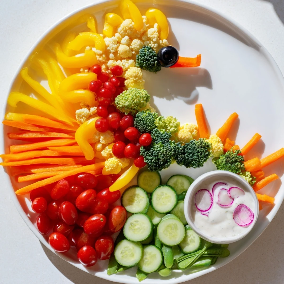 Freshly arranged Seahorse Veggie Dip featuring bell peppers, broccoli, and a tangy, cool dip for dipping.