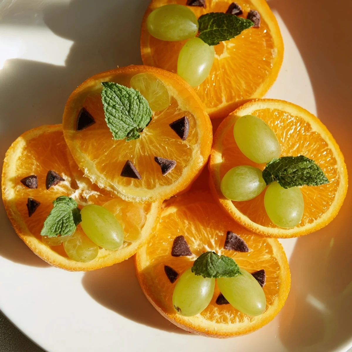 Close-up of cleverly decorated pumpkin patch orange slices, perfect for a fresh, naturally sweet dessert.