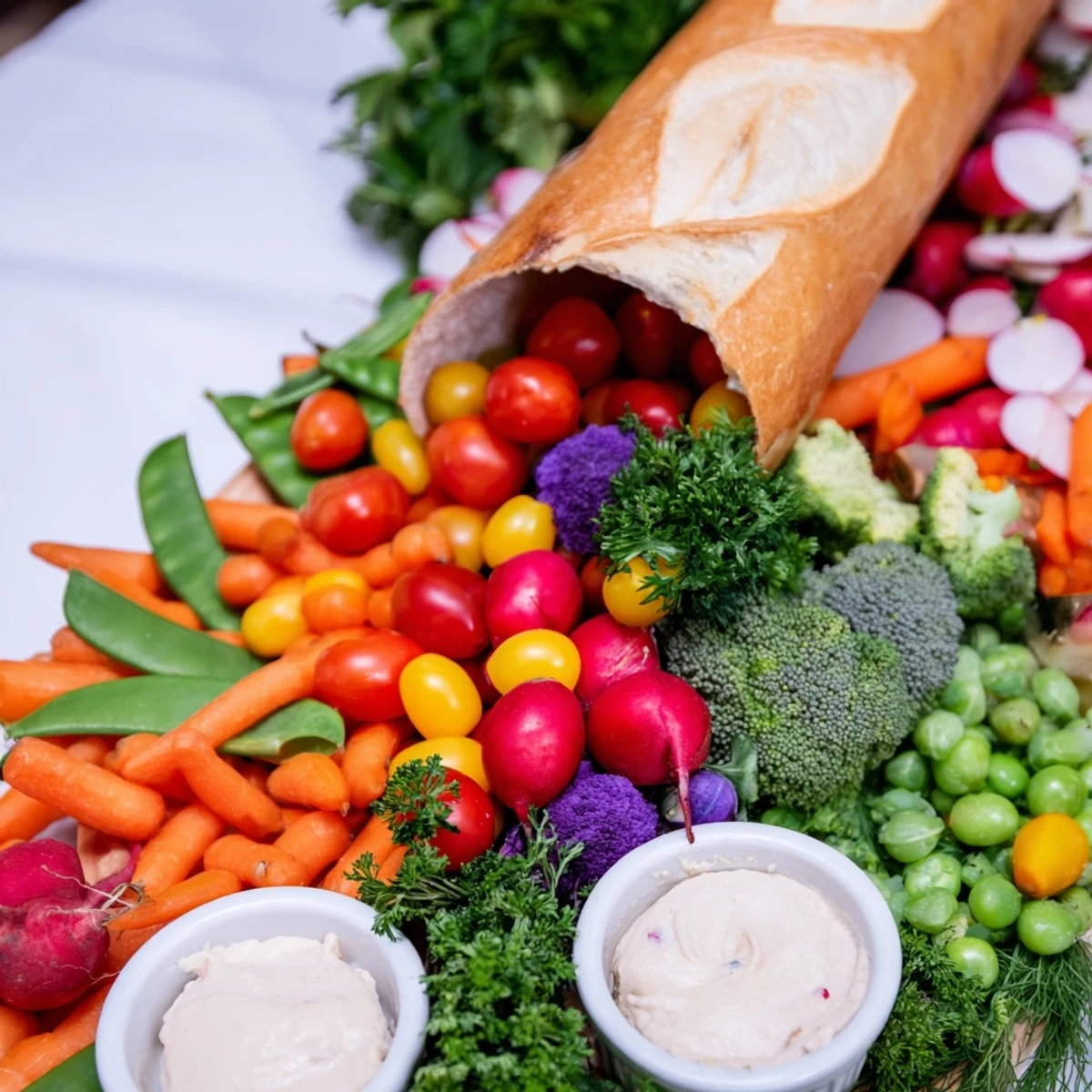 Vibrant cornucopia veggie board filled with colorful, fresh vegetables and dips perfect for sharing.