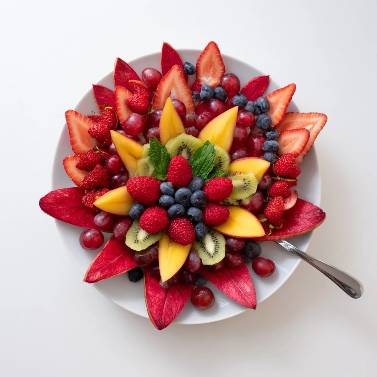 Vibrant Festive Poinsettia Fruit Bowl with ruby-red strawberries and pomegranate, perfect for a holiday brunch.
