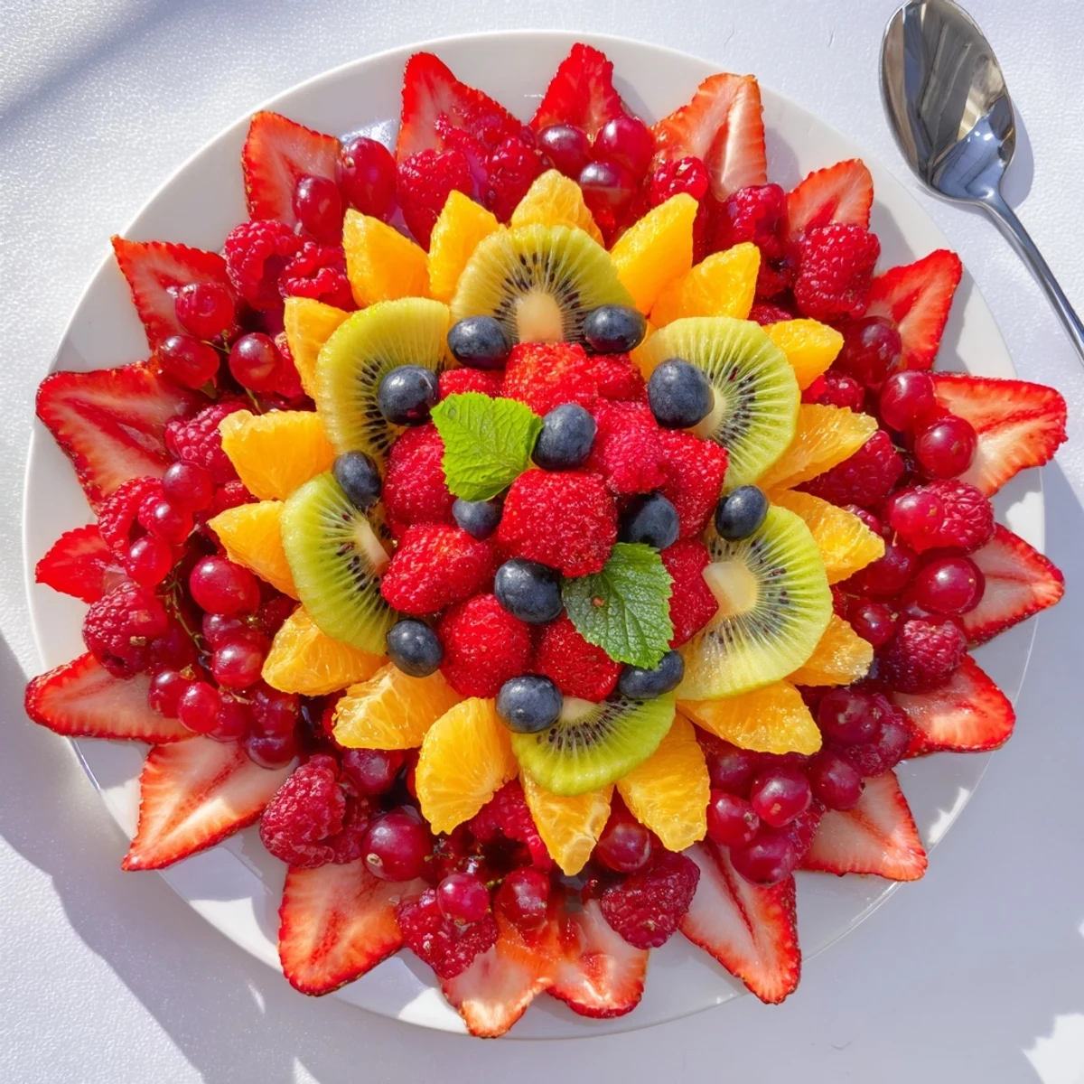 Beautifully arranged Festive Poinsettia Fruit Bowl, featuring a colorful display of fresh fruits and mint.