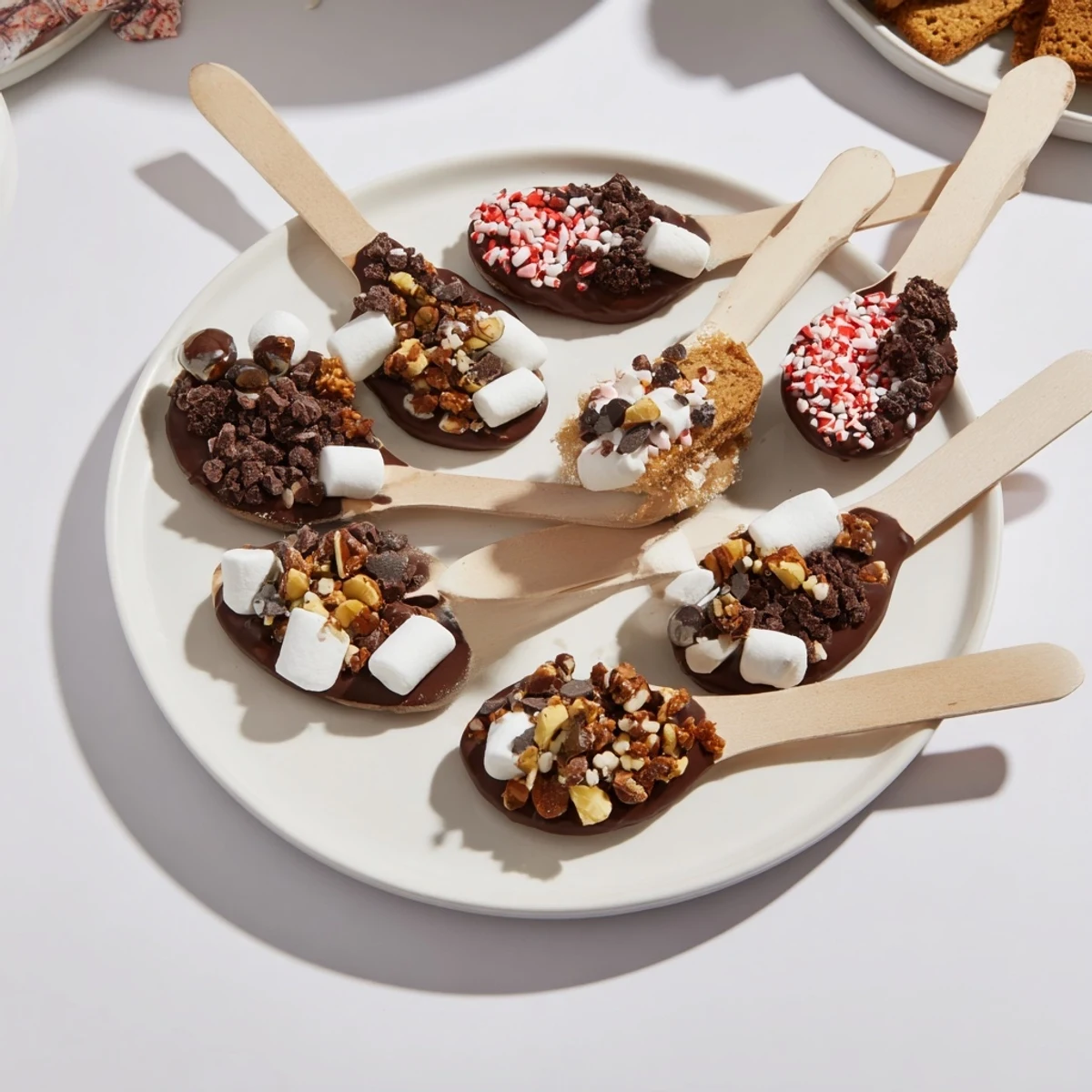 This vibrant hot chocolate spoon toppings board displays shimmering chocolate spoons ready for a delightful, sweet dip.