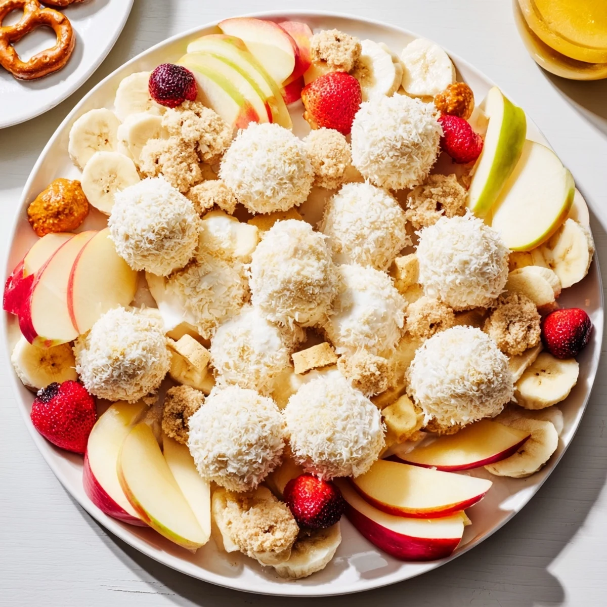 Creamy Marshmallow Snowball Dip Platter, a delightful dessert with coconut-covered snowballs and fresh fruit.