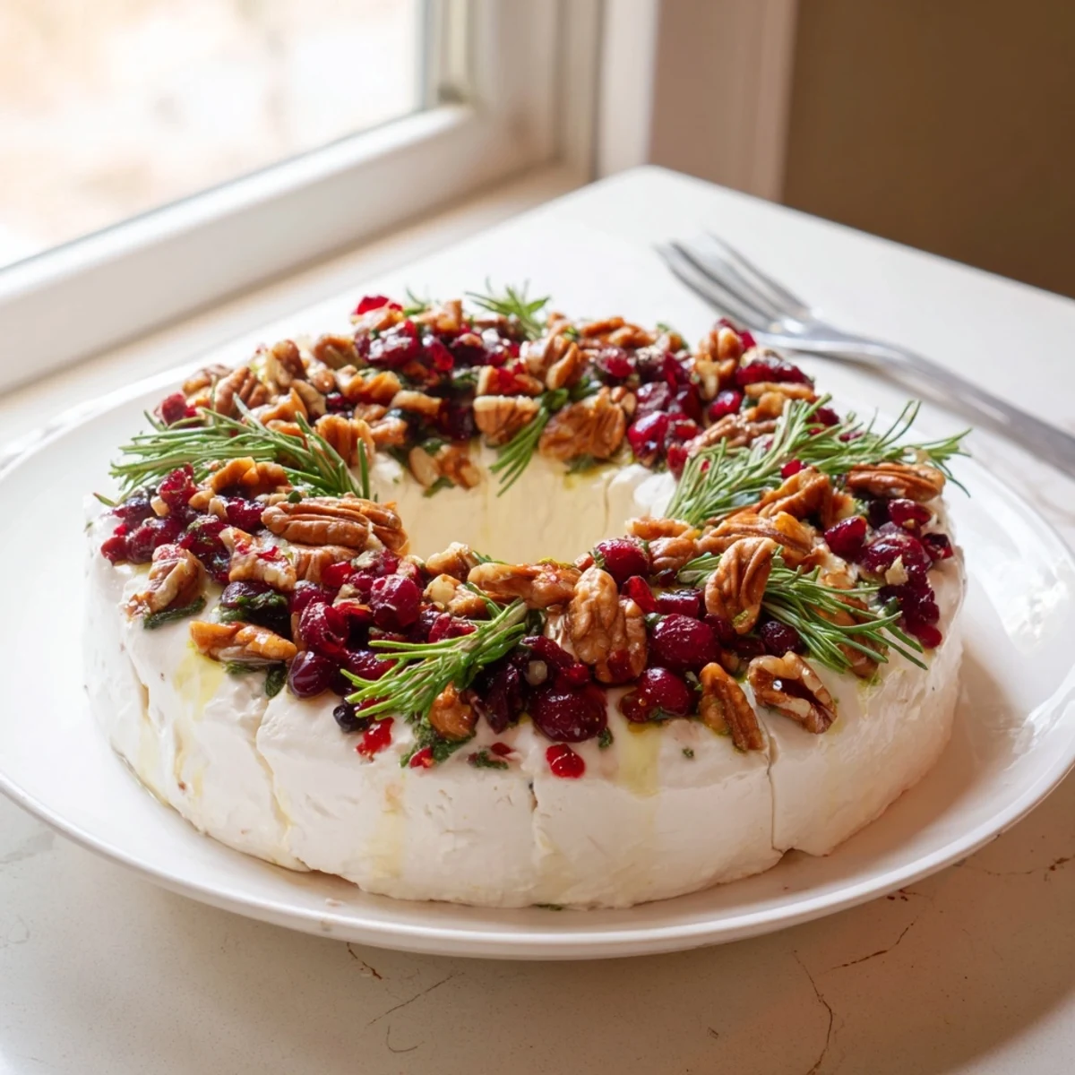 Vibrant Cranberry Feta Dip Wreath ready to be scooped up with crackers, a perfect holiday appetizer.