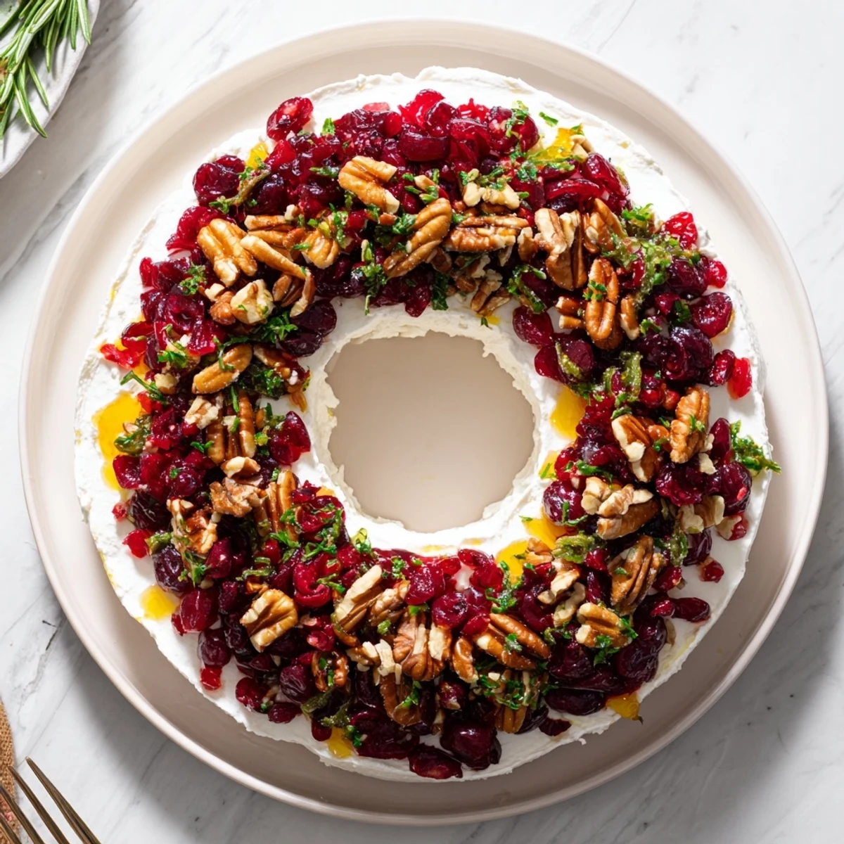 A close-up of the delicious Cranberry Feta Dip Wreath, garnished with rosemary and pecans for a festive look.