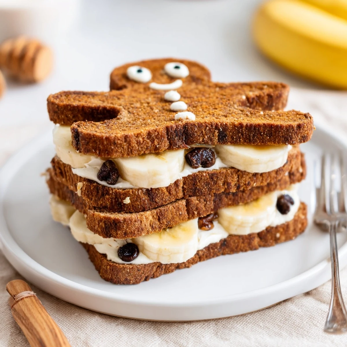 Festive Gingerbread Man Sandwich Cutouts, filled with sweet cream cheese and colorful fruit decorations.