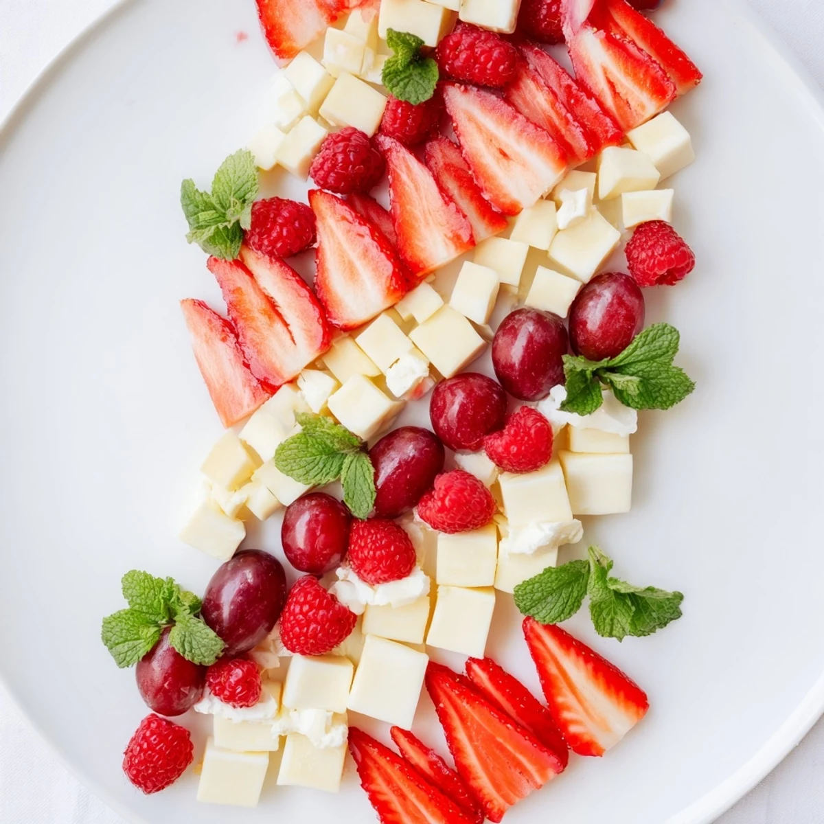 A visually stunning Candy Cane Stripe Fruit and Cheese appetizer, perfect for holiday parties.