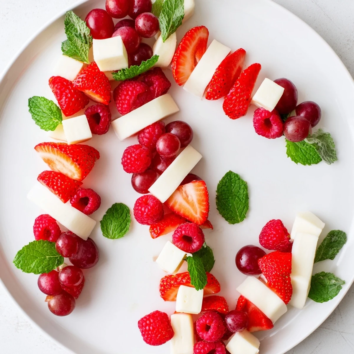 This festive Candy Cane Stripe Fruit and Cheese features bright red fruit stripes and cubes of white cheese.