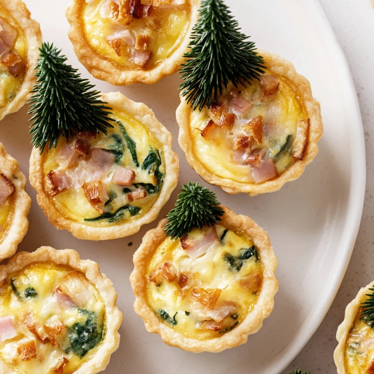 Mini Quiche Holiday Village Board arranged with rosemary "trees" and festive garnishes for entertaining.