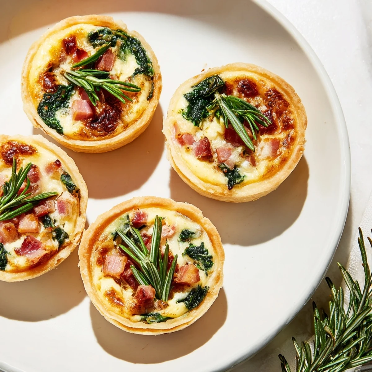 Golden, savory Mini Quiche Holiday Village Board with creamy fillings, served on a decorated wooden board.