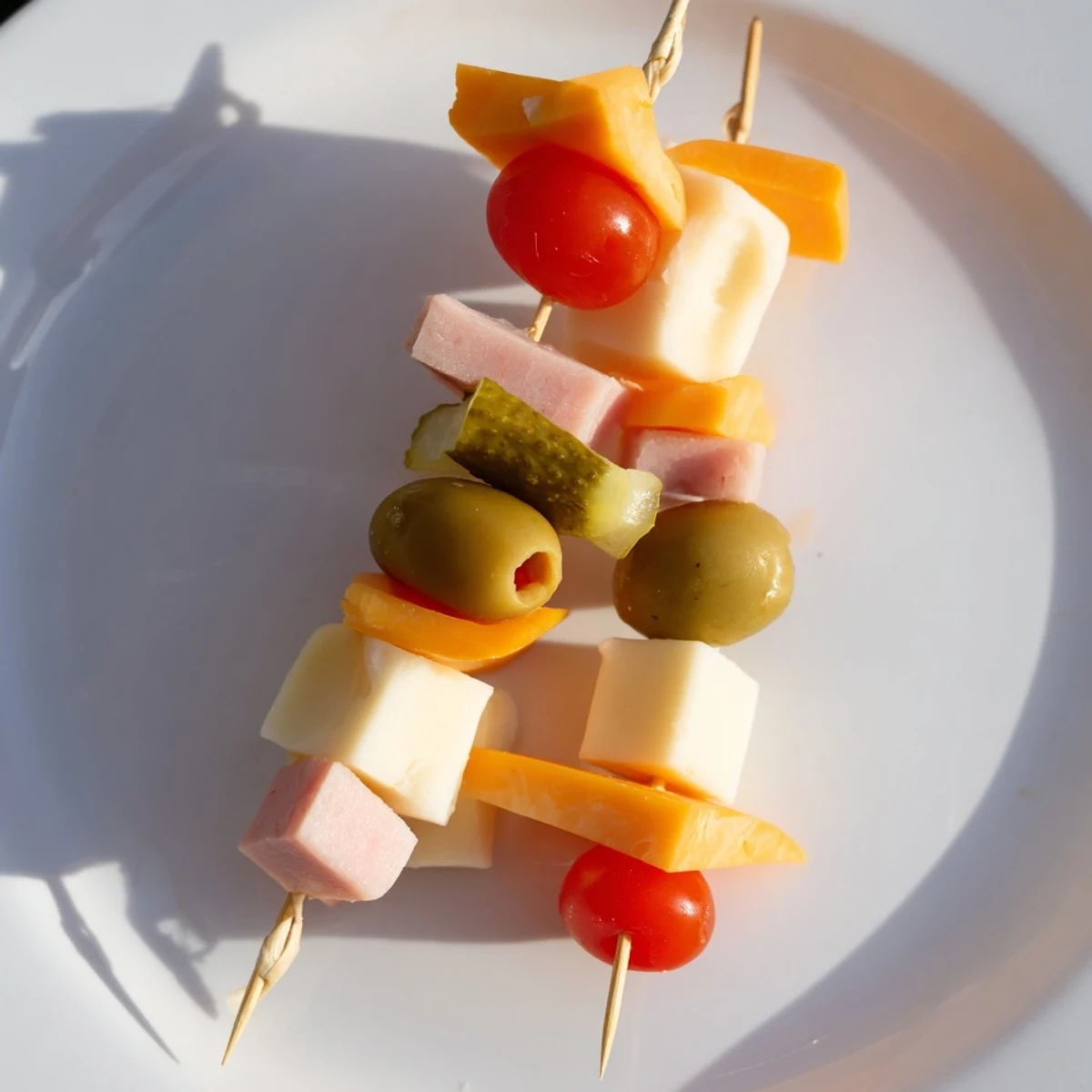 Savory Skewers showcasing vibrant cubes of meat, cheese, and pickles; a perfect appetizer.