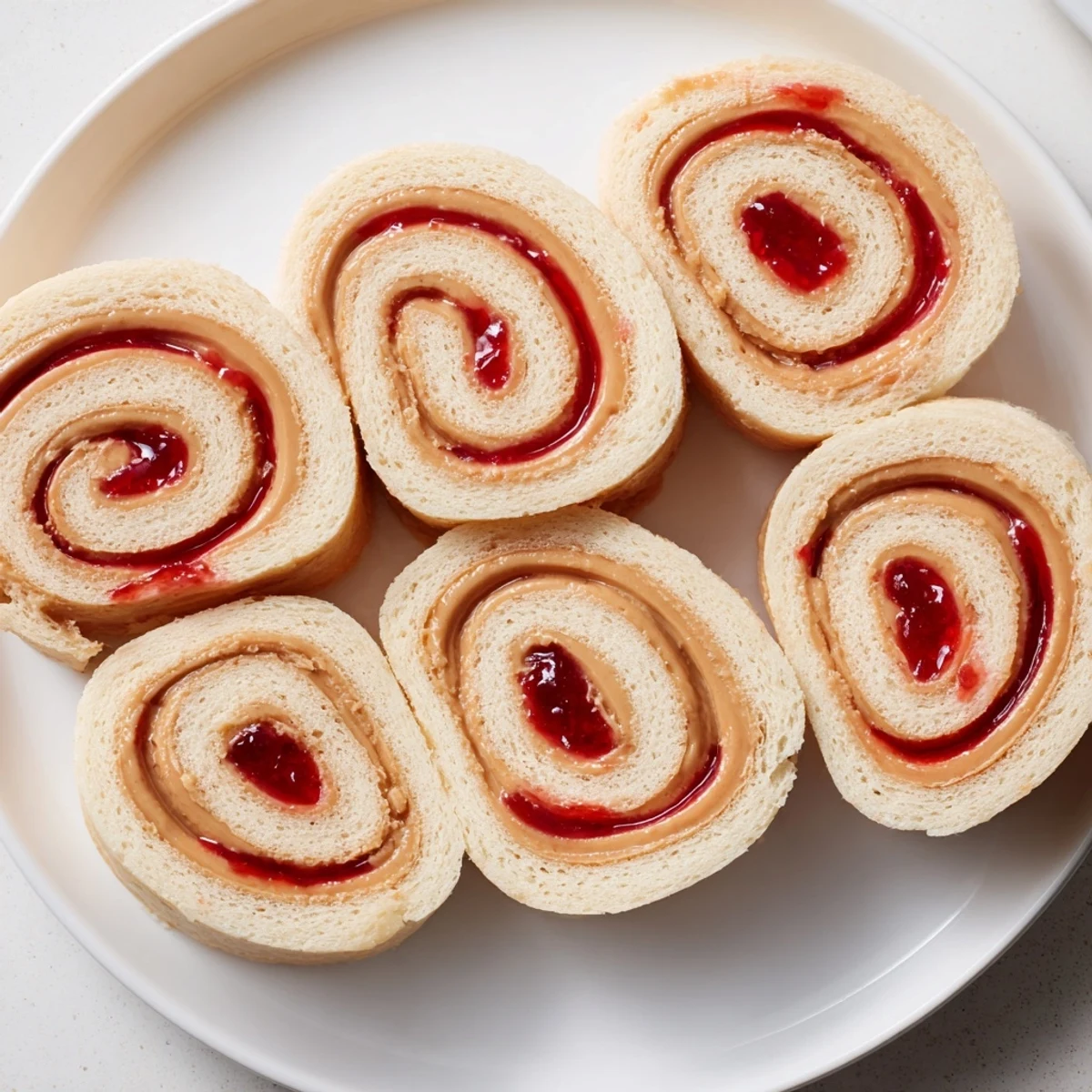 Quartered PB&J pinwheel rolls, showing vibrant swirls of peanut butter and jelly, ready to eat.