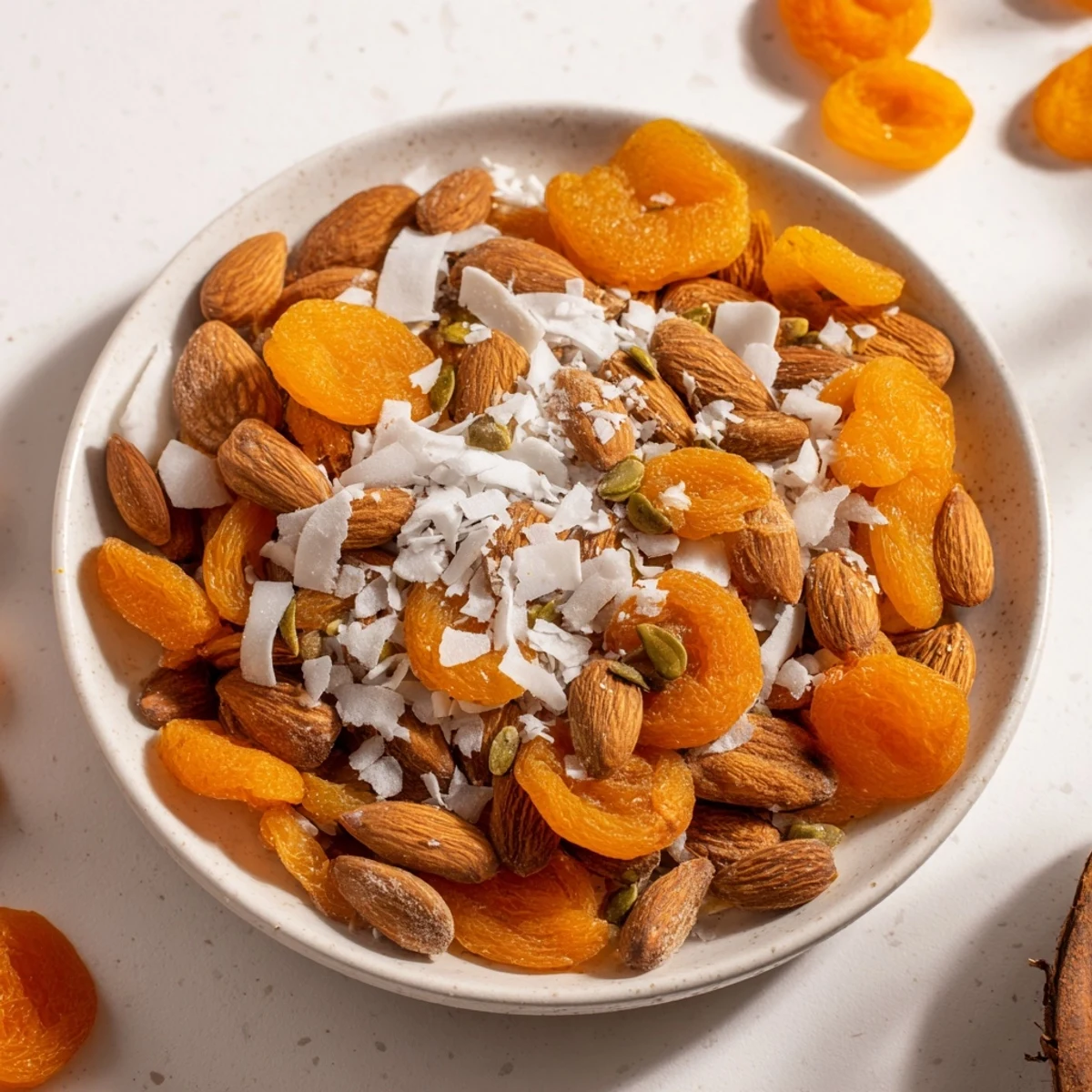 Pile of Almonds and Dried Apricots: A colorful, healthy snack showing the simple ingredients ready to serve.