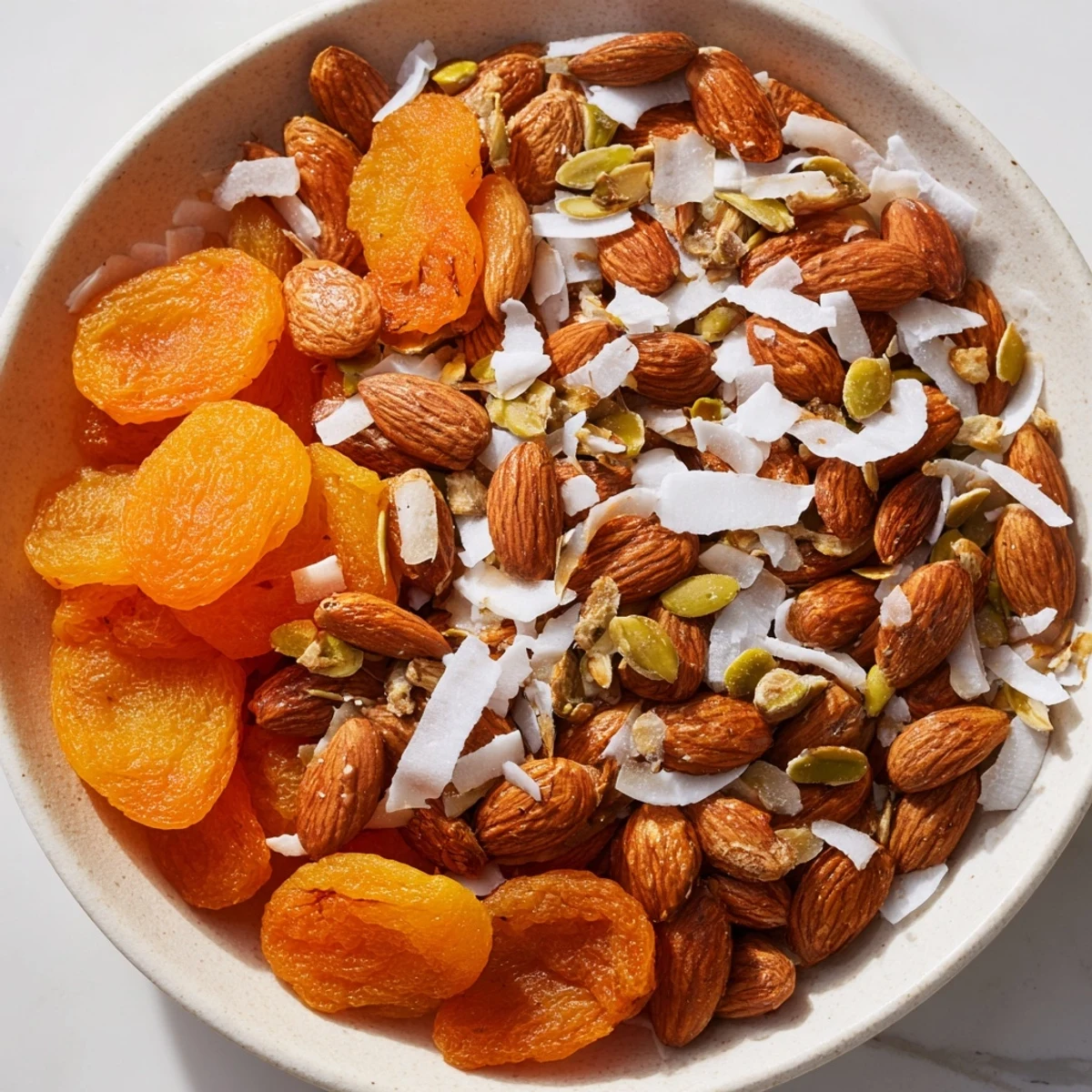 Almonds and Dried Apricots piled high: Close-up of the sweet fruit and crunchy nuts ready to enjoy now.