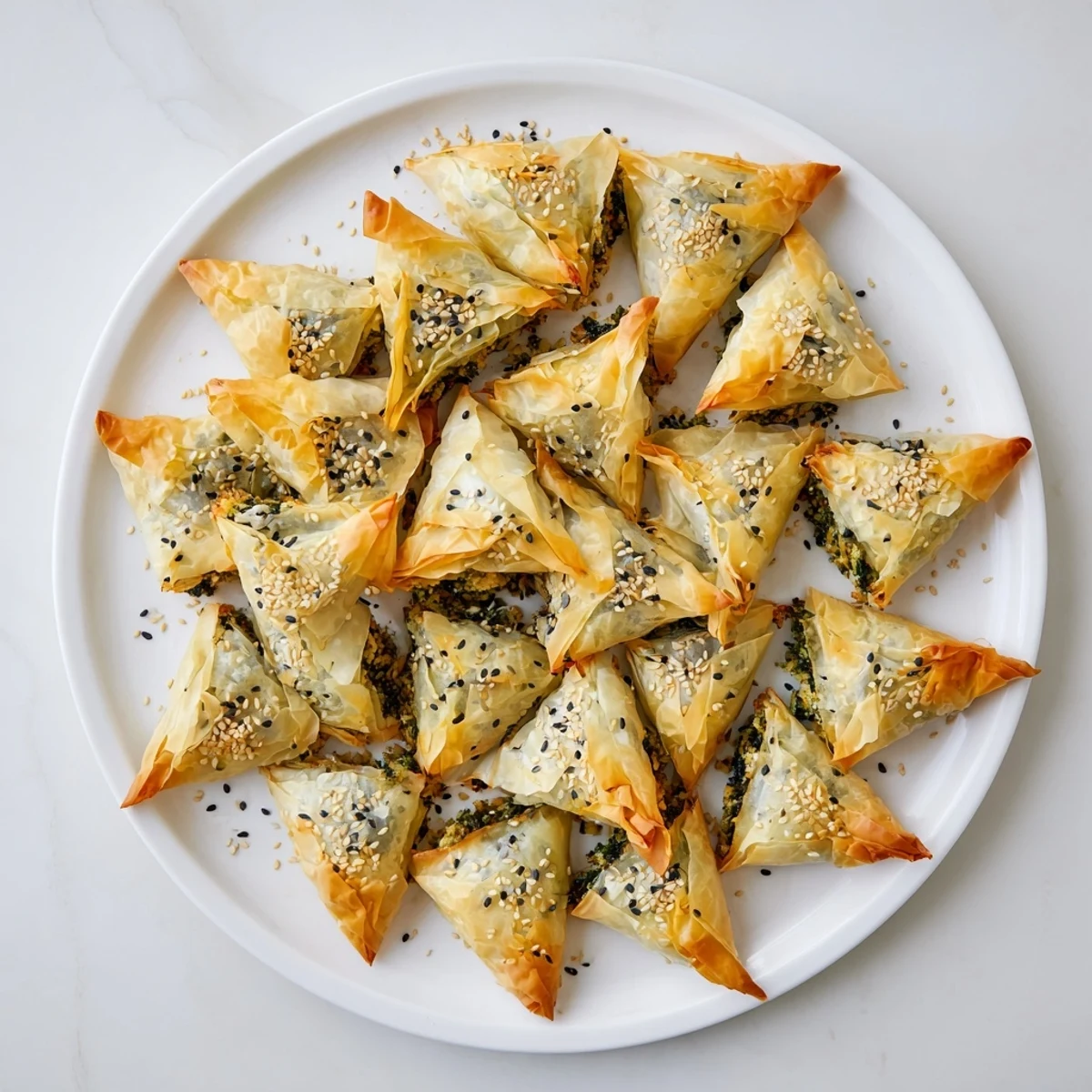 Golden-brown mini Spanakopita triangle cluster, with flaky phyllo and a savory spinach and feta filling.
