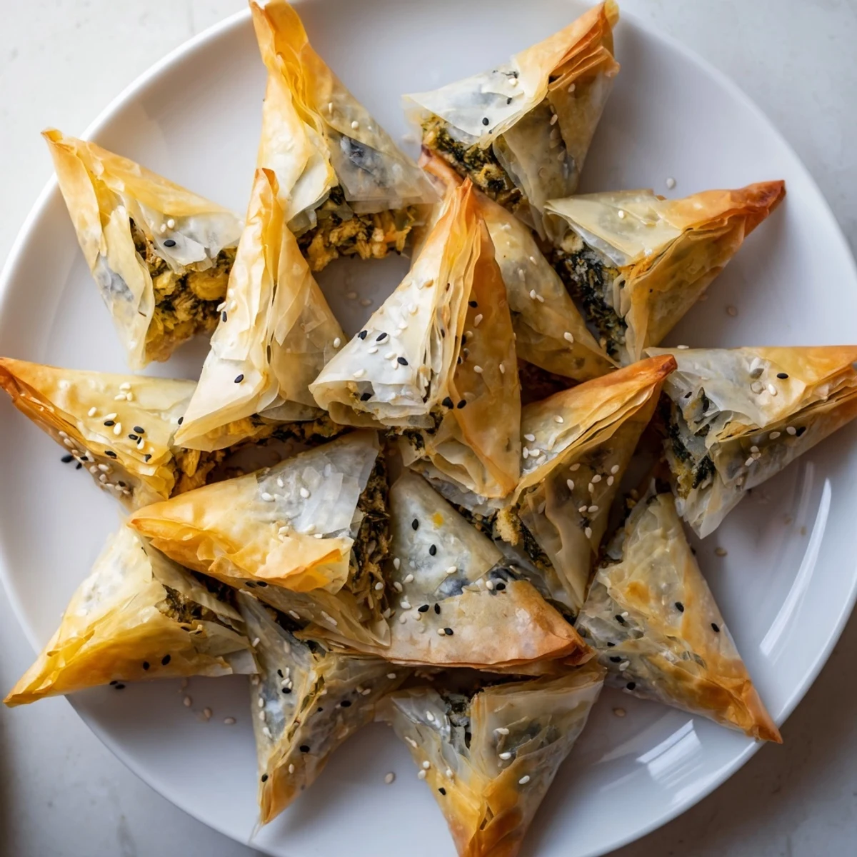 Visualize a warm, fresh cluster of mini Spanakopita triangles, ready to be shared as a Greek appetizer.