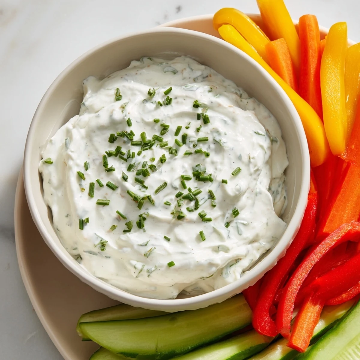 Creamy, tangy Kids Dip made with cream cheese and ranch, served with colorful veggie sticks for dipping.