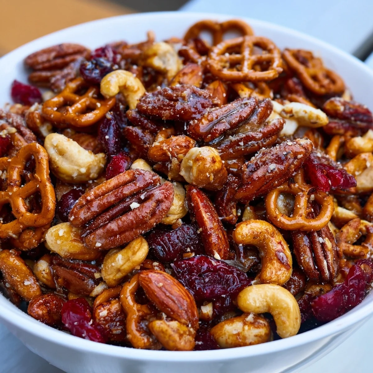 Golden-brown Sweet and Salty Holiday Nut Bowl: a festive snack with pretzels, cranberries, and spiced nuts.
