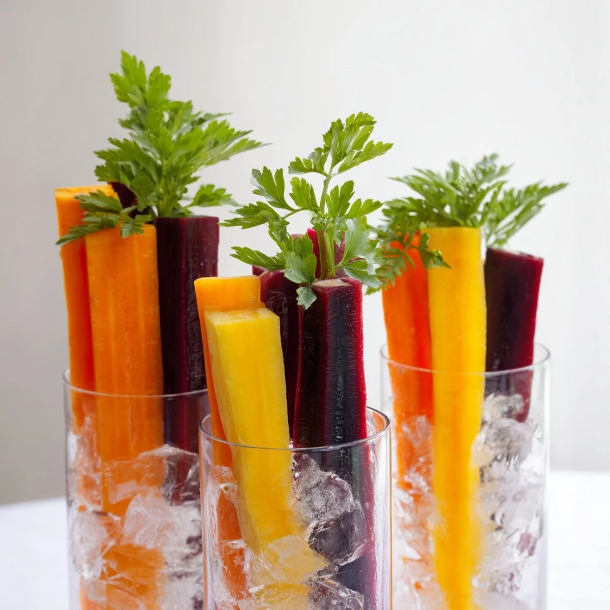 Colorful Simple Crudités: Rainbow carrot sticks chilled in tall glasses, perfect for a refreshing appetizer.