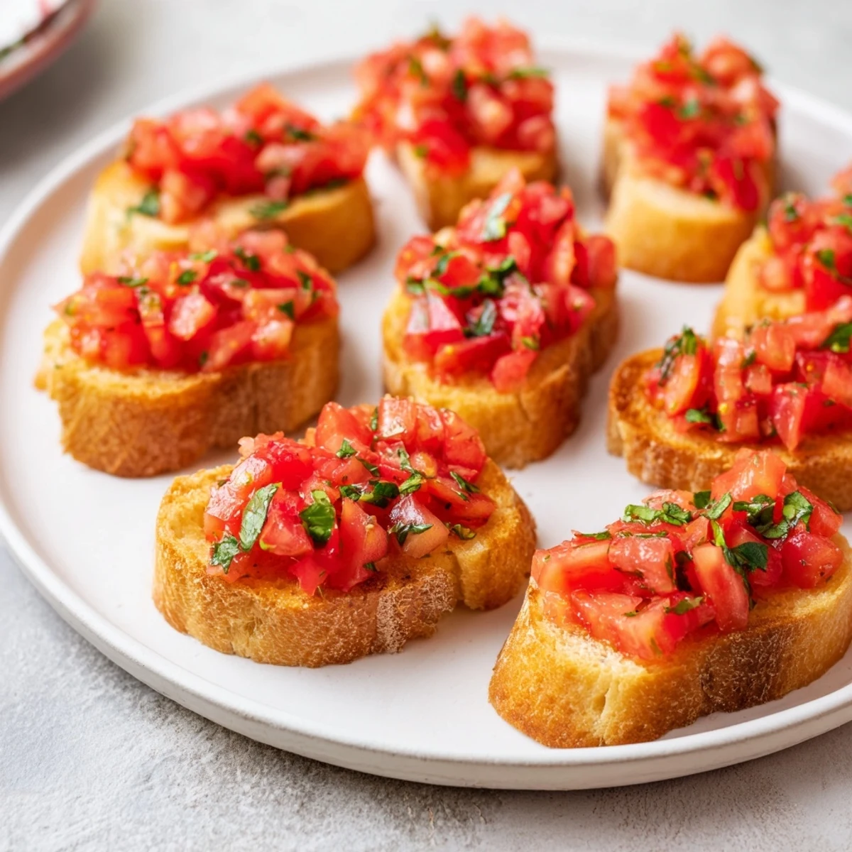 Golden, toasted bruschetta toasts arranged in an inviting diagonal line, topped with fresh, vibrant tomatoes.