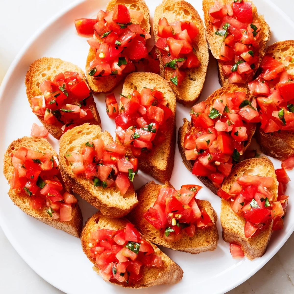 A beautiful diagonal presentation of Italian bruschetta toasts, showcasing juicy tomato and basil toppings.