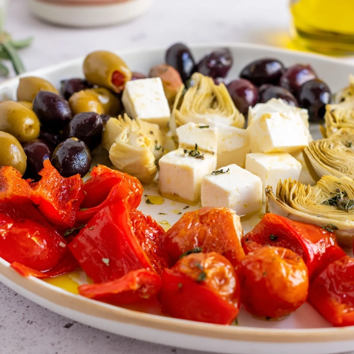 Savory Black Olive and Sun-Dried Tomato Platter, ready to serve with creamy feta and fresh herbs.