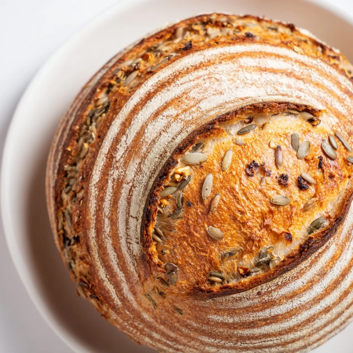 Golden brown Fibonacci Spiral Growth Bread with visible textures and a rustic, crackling crust.