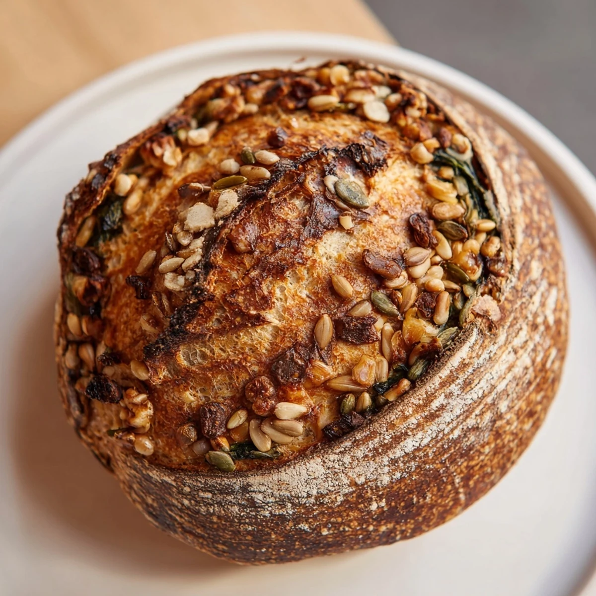 Close-up photo of the intricate spiral design on a freshly baked Fibonacci Spiral Growth Bread loaf.