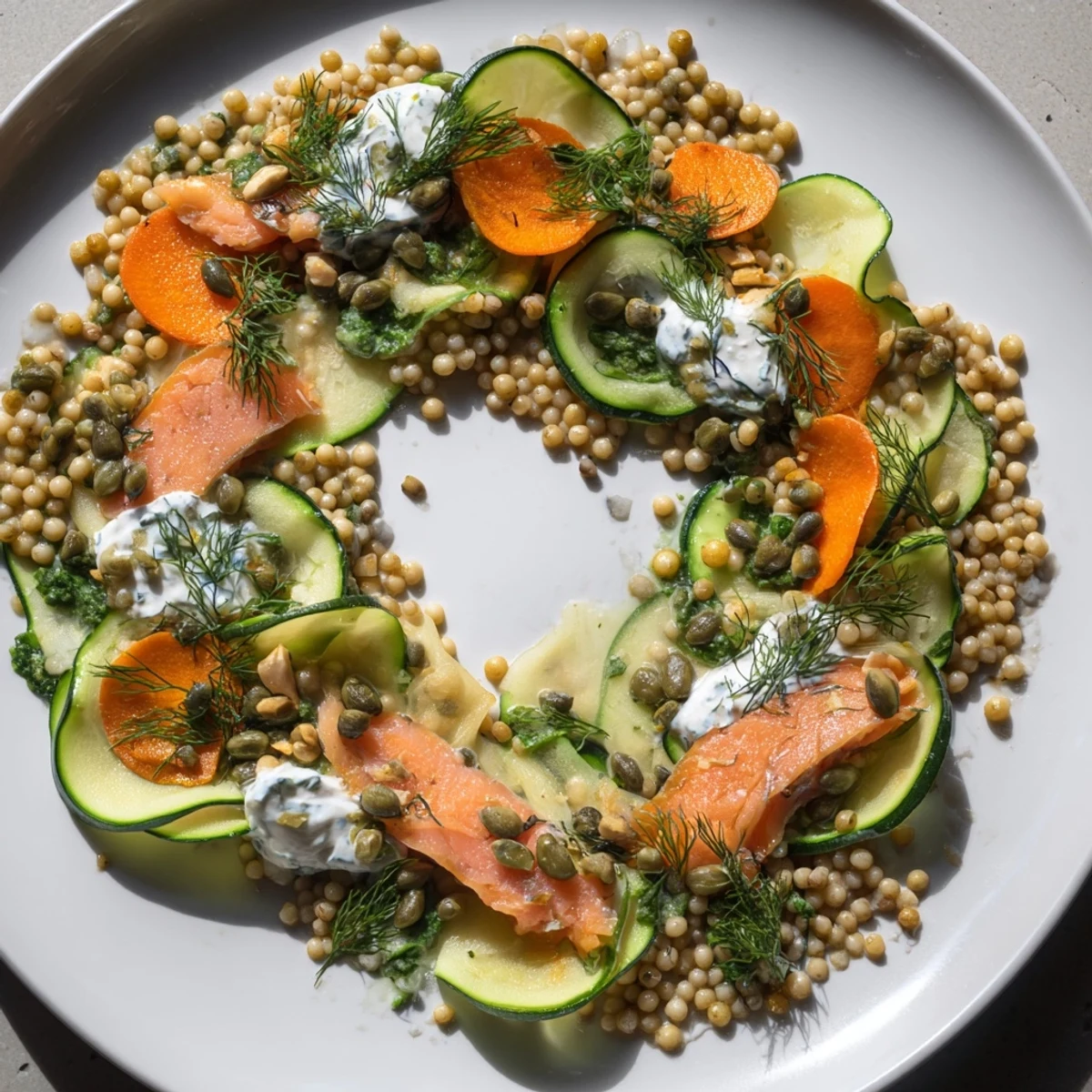 Elegant "The Infinity Loop" dish showcases perfectly flaky salmon and vibrant vegetables in a figure-eight.