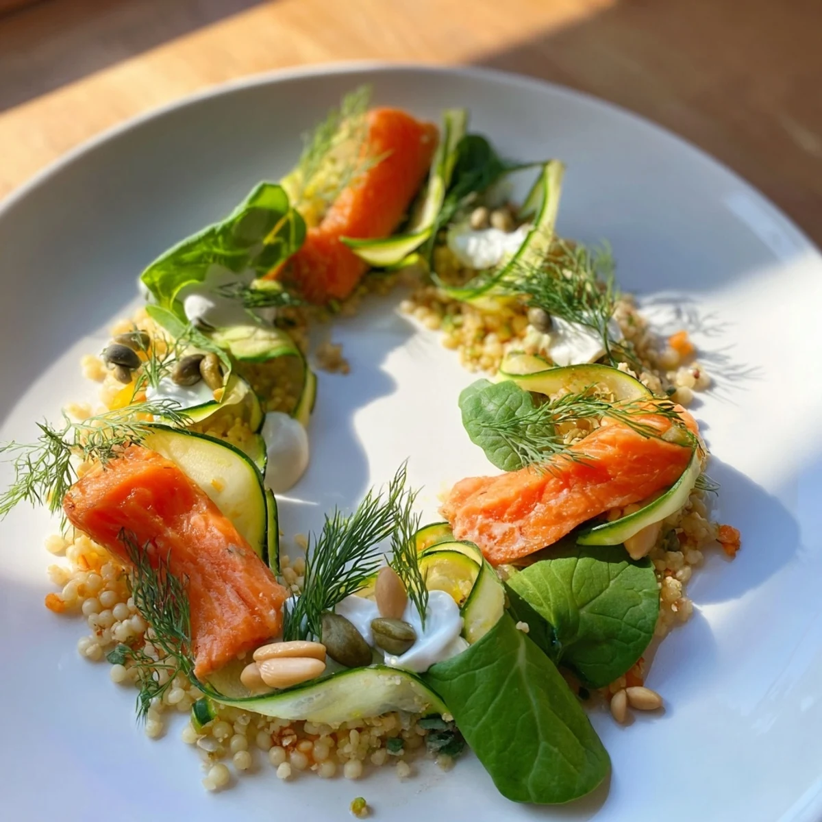 A delicious serving of "The Infinity Loop" features perfectly cooked fish, healthy vegetables, and fluffy couscous.