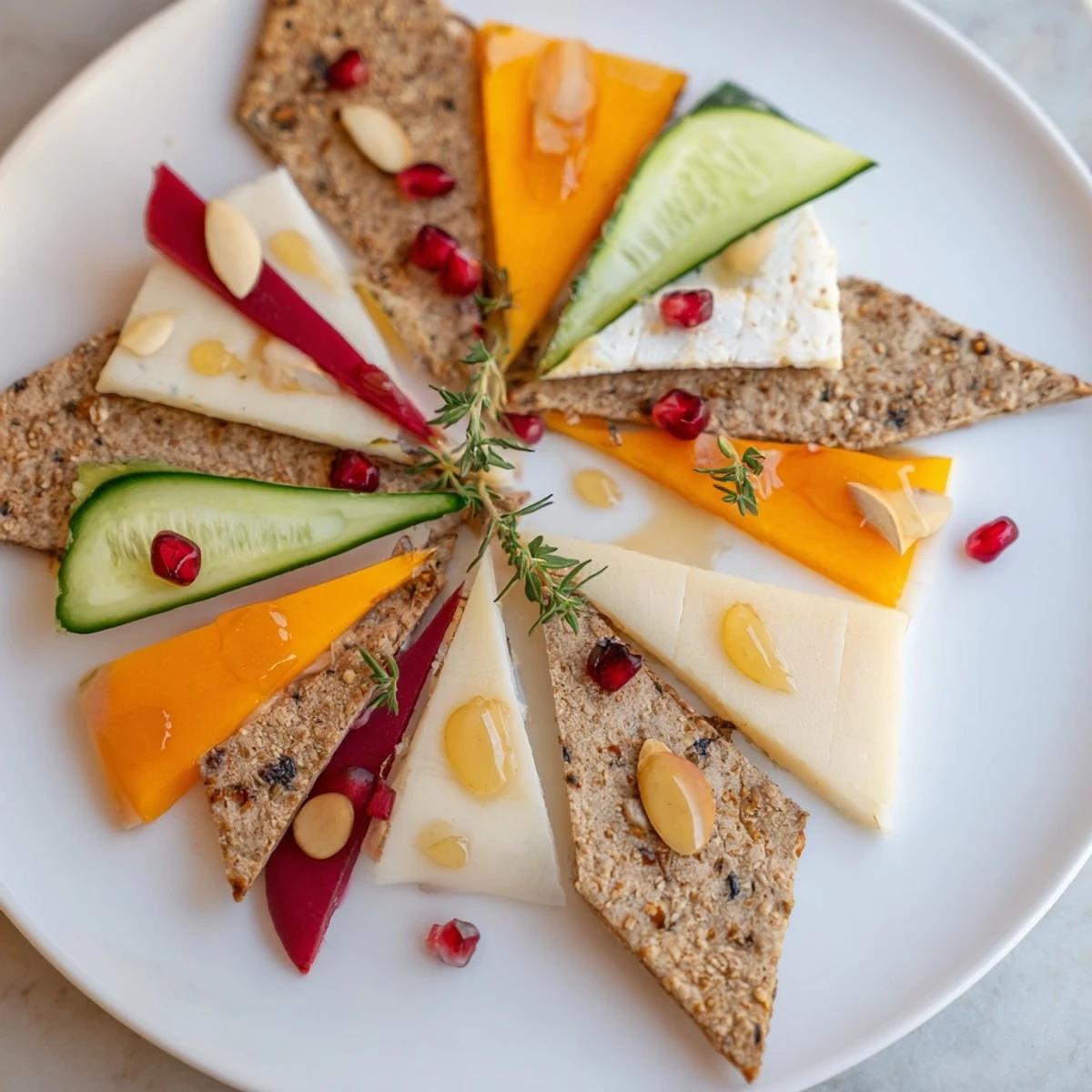 A beautifully arranged The Tessellation Triangle appetizer filled with colorful, tantalizing cheese and fruit triangles.